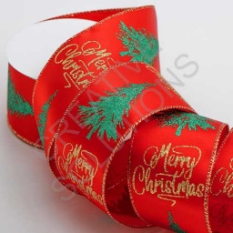 6610-XMAS - Glitter Merry Christmas with Christmas Tree - Satin Wired Edge Ribbon